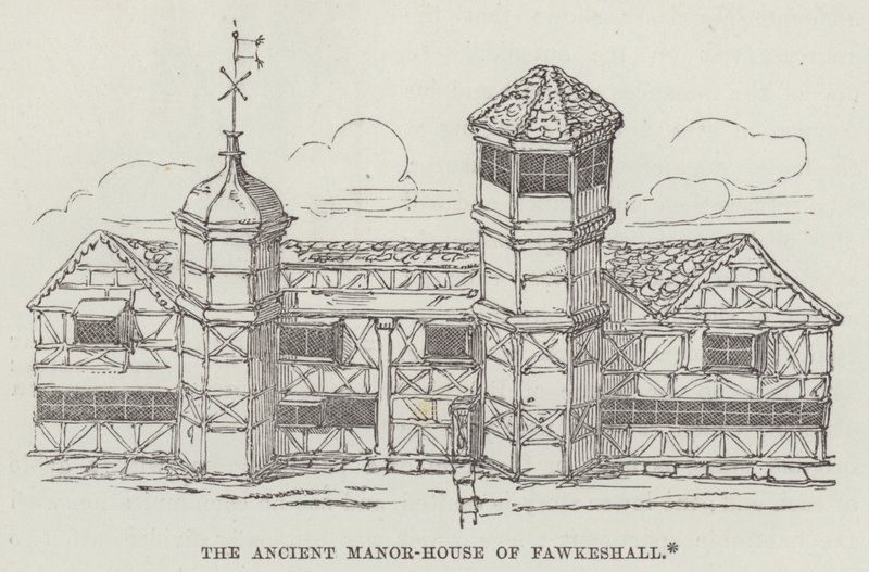 Starobylé panské sídlo Fawkeshall (rytina) od English School