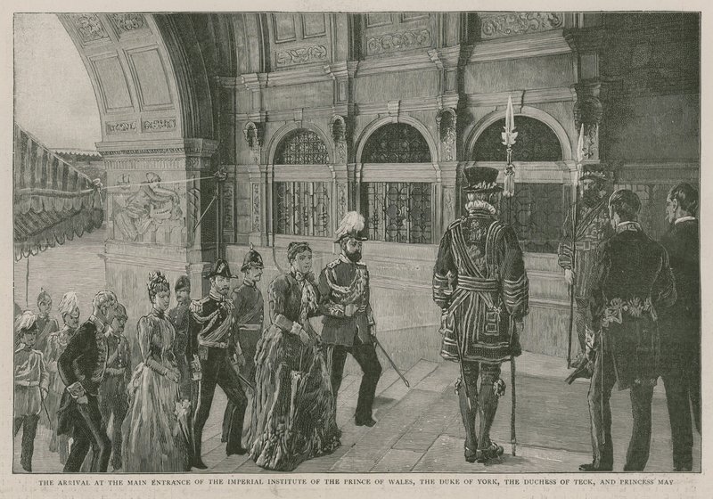 Příjezd k hlavnímu vchodu do Imperiálního institutu prince z Walesu, vévody z Yorku, vévodkyně z Tecku a princezny May od English School