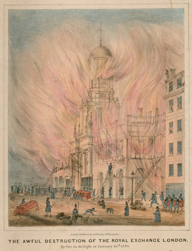 Hrozné zničení Royal Exchange v Londýně požárem v noci 10. ledna 1838 od English School