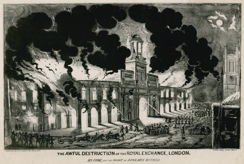 Hrozné zničení Royal Exchange v Londýně požárem v noci 10. ledna 1838 od English School