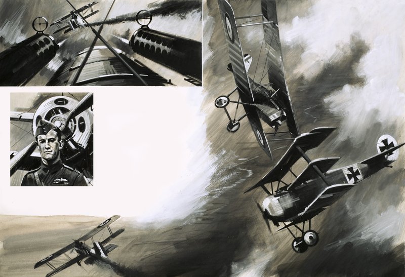 Bitva mezi britskými SE5 a Wernerem Vossem v jeho trojplošníku Fokker od English School