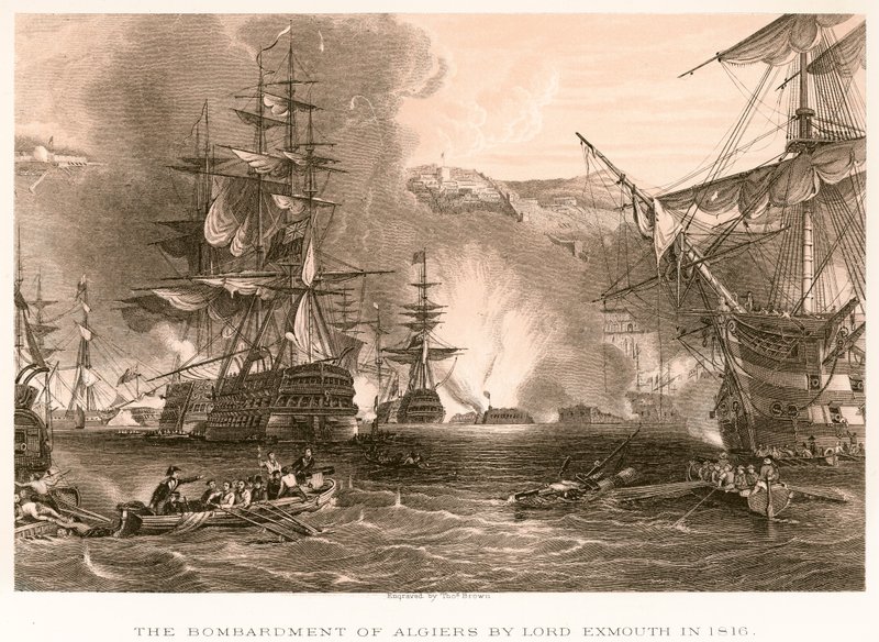 Bombardování Alžíru lordem Exmouthem v roce 1816 od English School