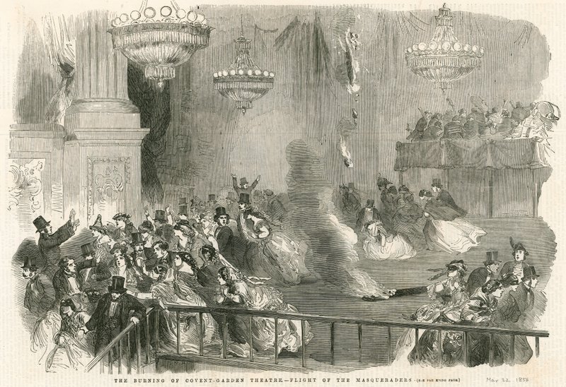 Vypálení divadla Covent Garden v Londýně - útěk Maškarádů od English School