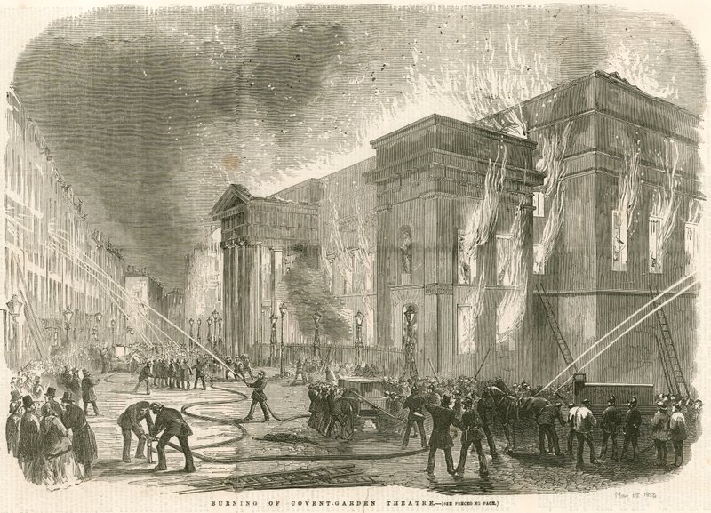 Vypálení divadla Covent Garden v Londýně ráno 5. března 1856 od English School