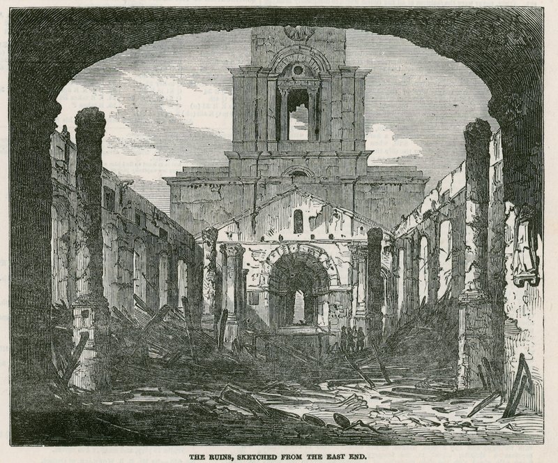Spálení kostela svaté Anny v Limehouse od English School