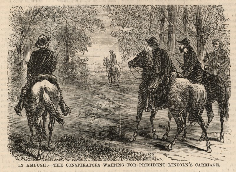 Spiklenci čekající na kočár prezidenta Lincolna od English School