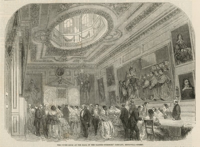 Soudní síň v sále Barber-Surgeons Company, Monkwell Street, Londýn od English School