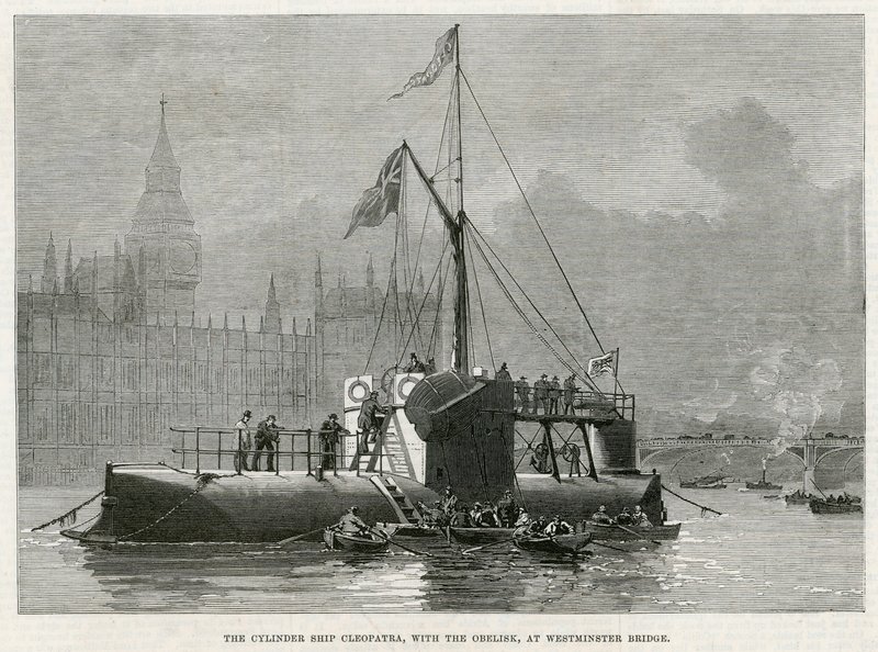 Válcová loď Cleopatra s obeliskem na Westminster Bridge od English School