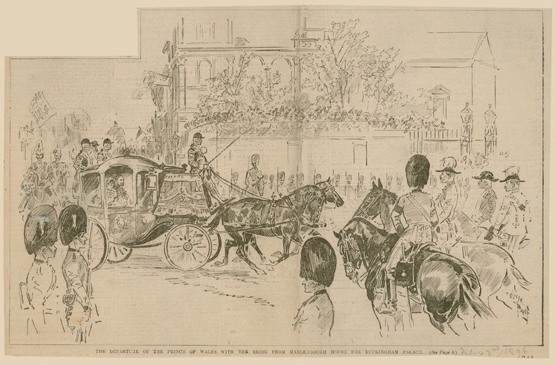 Odjezd prince z Walesu s nevěstou z Marlborough House do Buckinghamského paláce, 23. července 1896 od English School