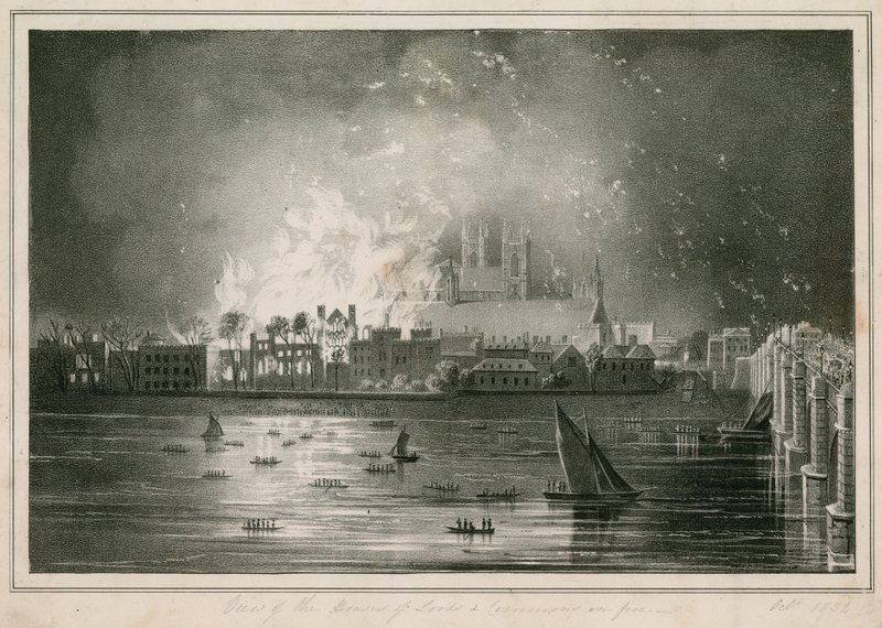 Zničení budovy parlamentu požárem dne 16. října 1834 od English School
