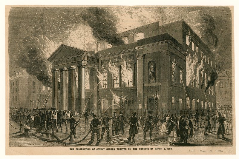 Zničení divadla Covent Garden v Londýně ráno 5. března 1856 od English School