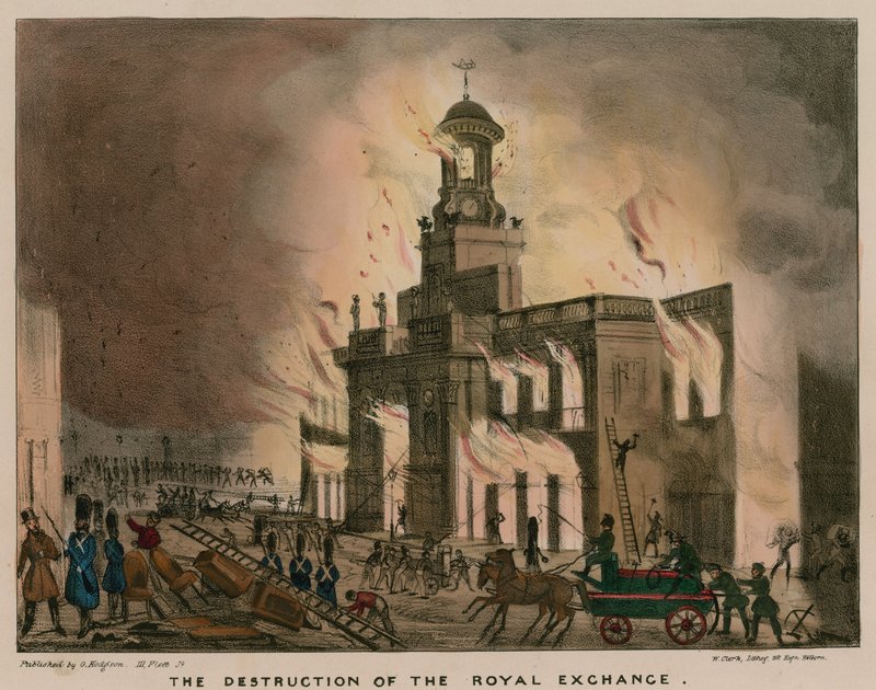 Zničení královské burzy v Londýně požárem v noci 10. ledna 1838 od English School