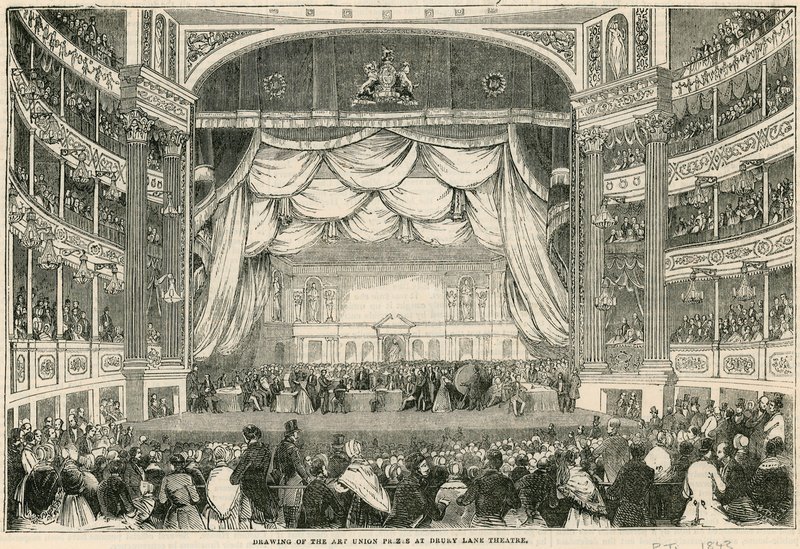 Losování cen Art Union v divadle Drury Lane v roce 1843 od English School