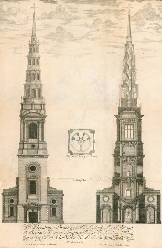 Nadmořská výška a výhled na západní konec věže kostela St Brides ve Fleet Street, Londýn od English School