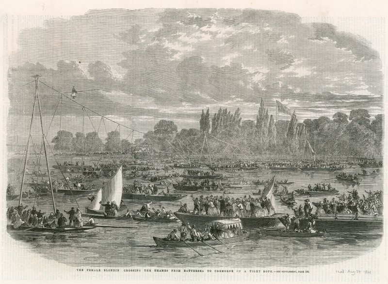 Samice Blondin překonává Temži z Battersea do Cremorne na napnutém laně od English School