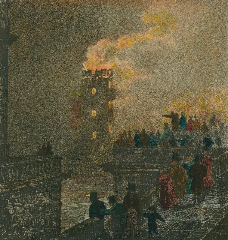 Požár z mostu Waterloo 5. ledna 1826 od English School