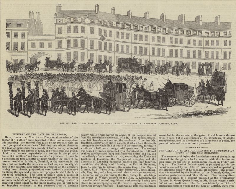 Pohřeb zesnulého pana Williama Beckforda při odchodu z jeho domu v Lansdowne Crescent v Bathu (rytina) od English School