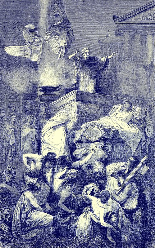 Pohřební řeč nad římským hrdinou, ilustrace z Ilustrované historie světa, publikovaná kolem roku 1880 (digitálně upravený obrázek) od English School