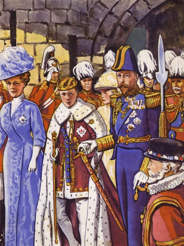 Budoucí král Edward VIII investoval jako princ z Walesu (barevné lito) od English School