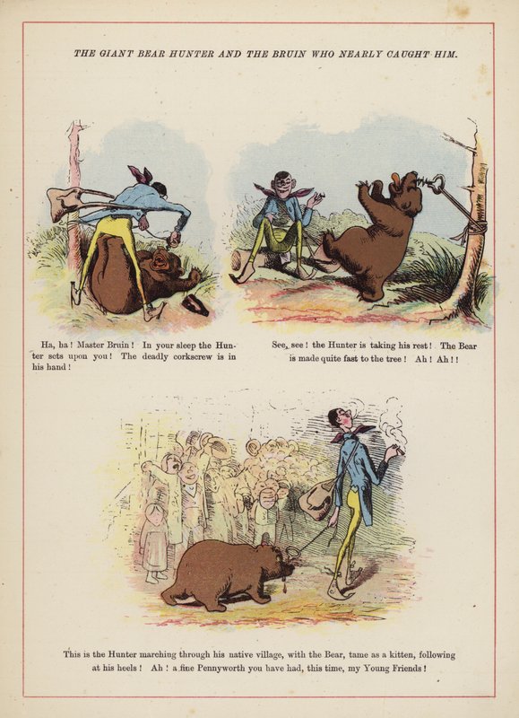Lovec obřích medvědů a Bruin, který ho málem chytil (barva litho) od English School