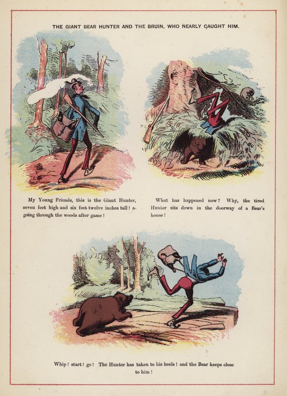 Lovec obřích medvědů a Bruin, který ho málem chytil (barva litho) od English School