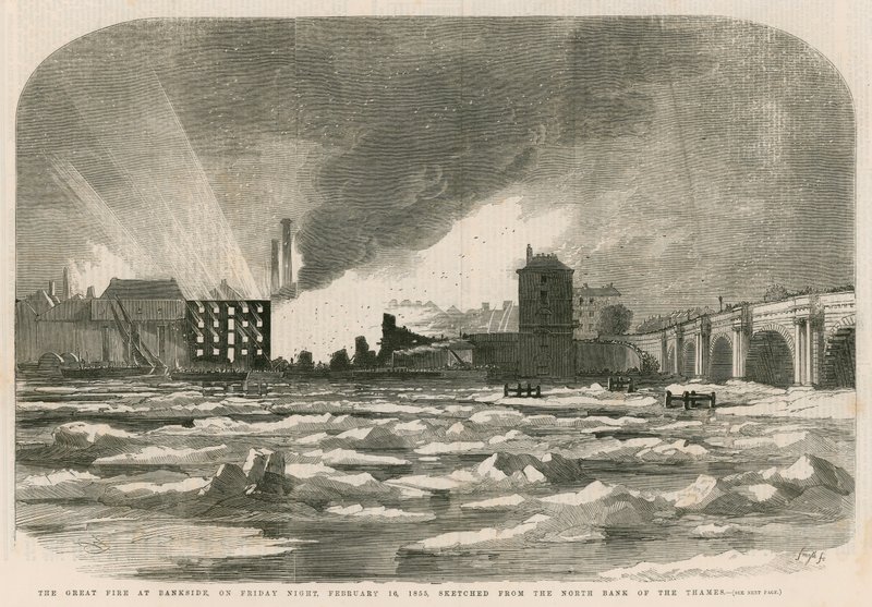 Velký požár na Bankside v pátek večer, 14. února 1855, načrtnutý ze severního břehu Temže od English School