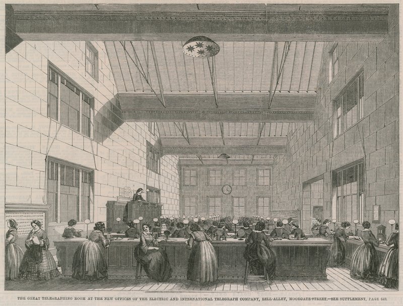 Velká telegrafní místnost v nových kancelářích Electric and International Telegraph Company od English School