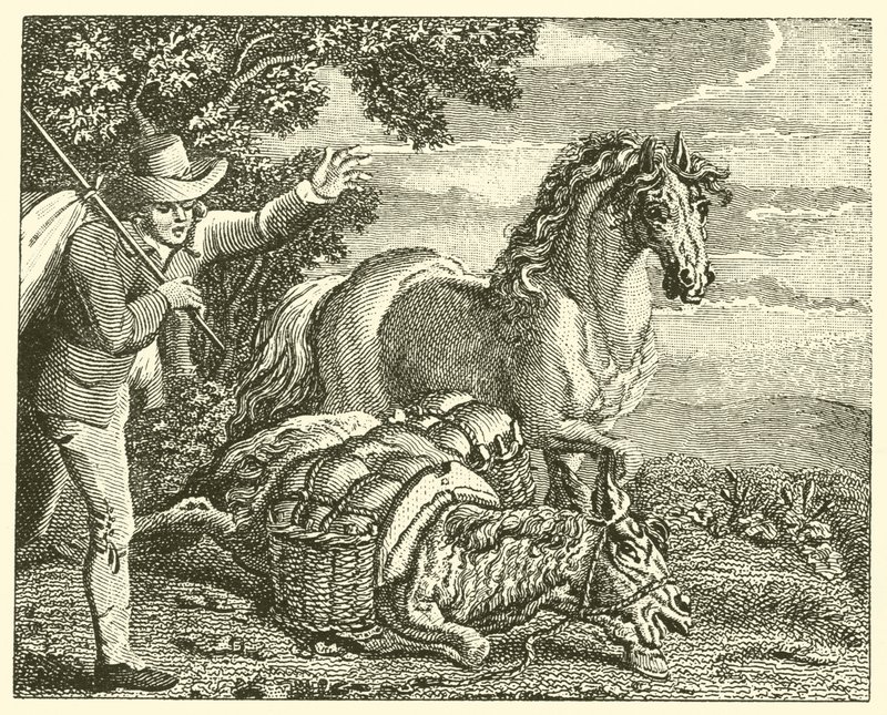 Kůň a naložený osel (rytina) od English School