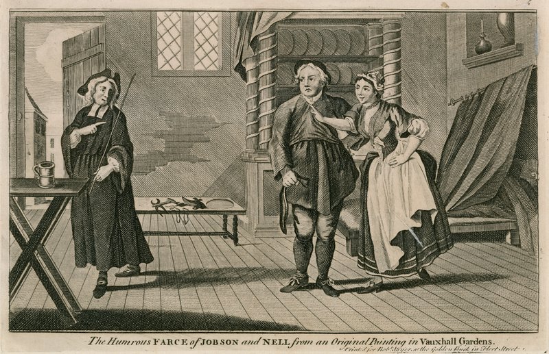 Vtipná fraška Jobsona a Nell z originálního obrazu ve Vauxhall Gardens v Londýně od English School