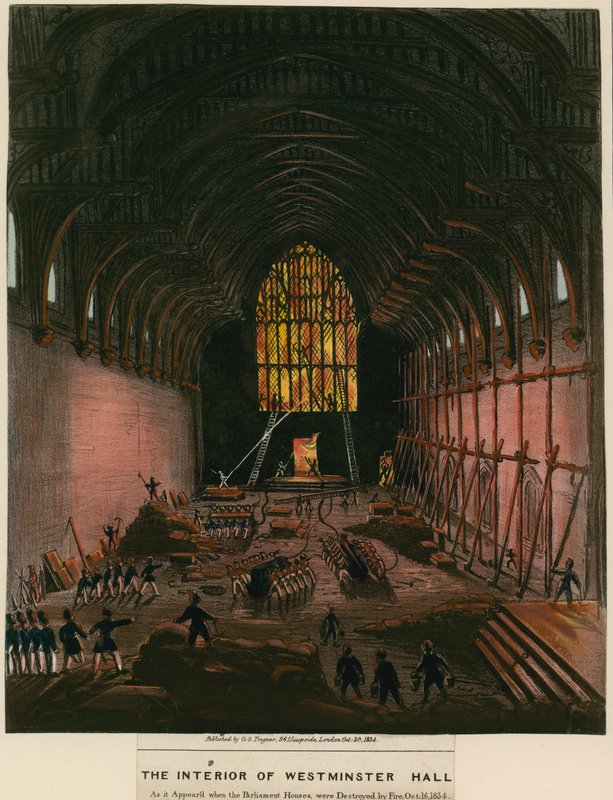 Interiér Westminster Hall, jak to vypadalo, když byly budovy parlamentu zničeny požárem od English School