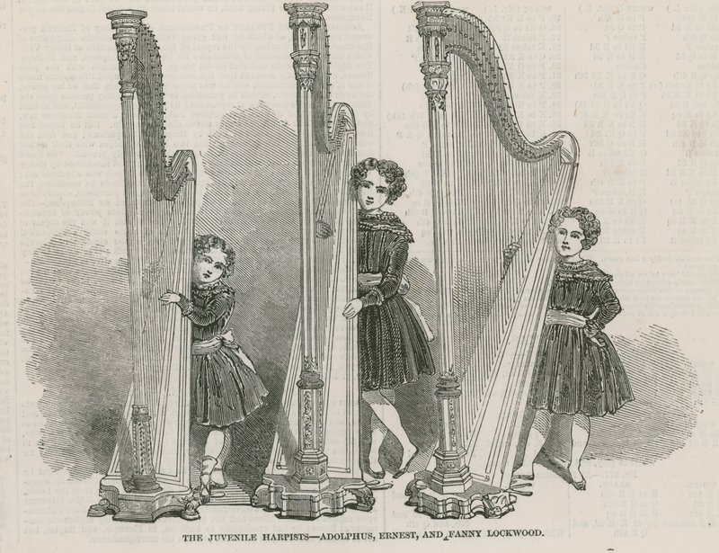 Juvenilní harfisté - Adolphus, Ernest a Fanny Lockwoodovi od English School