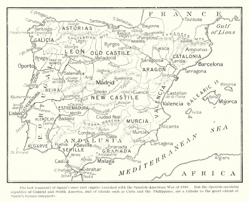 Poslední zbytky kdysi rozsáhlého španělského impéria zanikly se španělsko-americkou válkou v roce 1898 (litografie) od English School