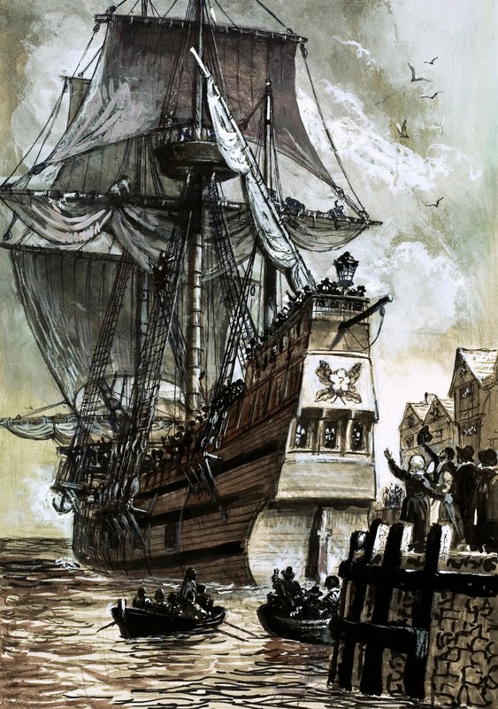 Poslední pohled na Pilgrim Fathers byl Southamptonský dok (kvaš na papíře) od English School