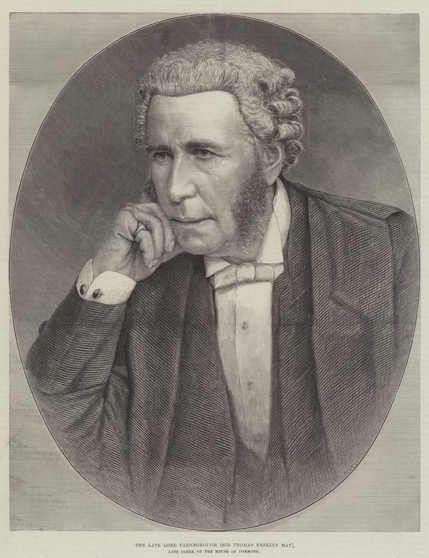 Zesnulý lord Farnborough (Sir Thomas Erskine May), pozdní úředník Dolní sněmovny (rytina) od English School