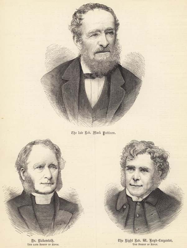 Zesnulý reverend Mark Pattison, Dr Rickersteth, zesnulý biskup z Riponu, pravý reverend… (rytina) od English School