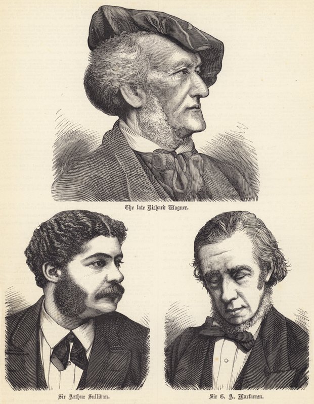 Zesnulý Richard Wagner, Sir Arthur Sullivan, Sir G A Macfarren (rytina) od English School