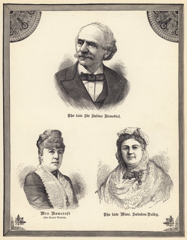 Zesnulý sir Julius Benedict, paní Bancroft (rozená Marie Wilton), zesnulá Madame Sainton Dolby (rytina) od English School