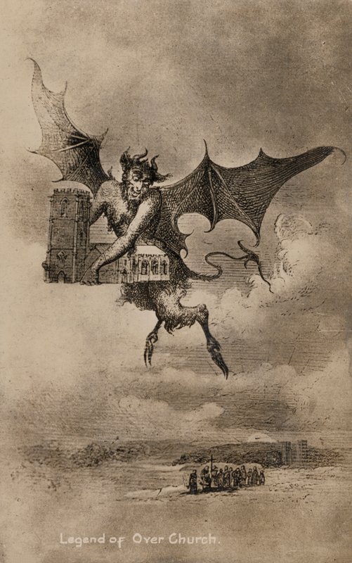 Legenda o ďáblovi a kostel svatého Čada ve vesnici Over, Cheshire (litho) od English School