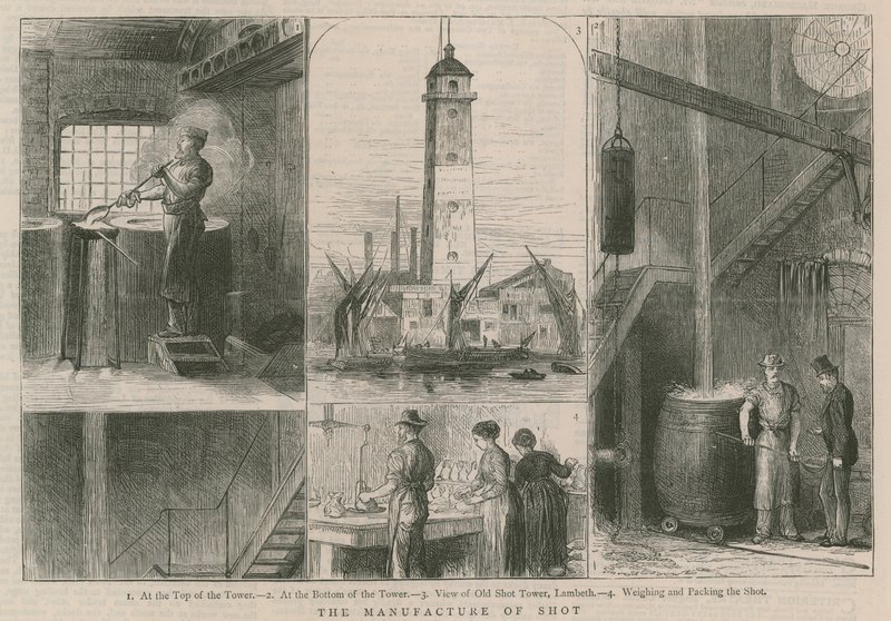 Výroba broků; pohled na Old Shot Tower, Lambeth od English School
