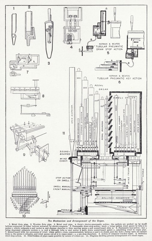 Mechanismus a uspořádání varhan (litho) od English School