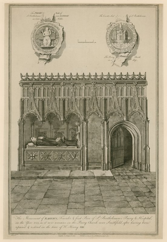 Památník Rahera, zakladatele a prvního převora převorství a špitálu svatého Bartoloměje v roce 1123 od English School