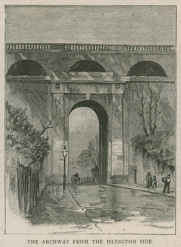 Nové zábradlí proti sebevraždám na Highgate Archway: oblouk ze strany Islingtonu od English School