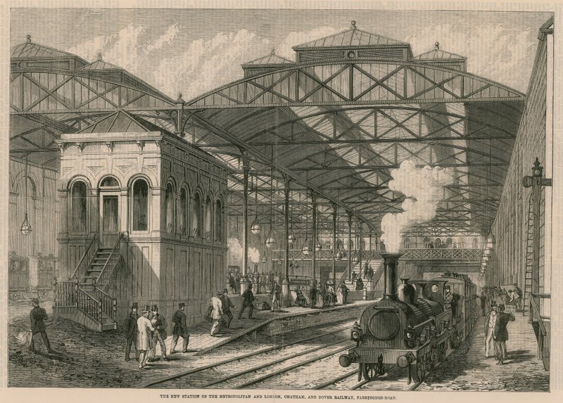 Nové nádraží Metropolitan and London, Chatham and Dover railway, Farringdon Road, London od English School