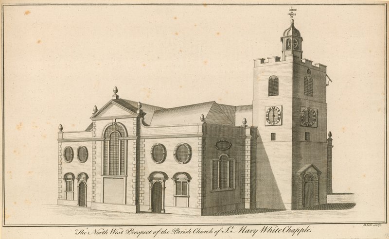 Severozápadní vyhlídka farního kostela sv. Marie ve Whitechaple, Londýn od English School