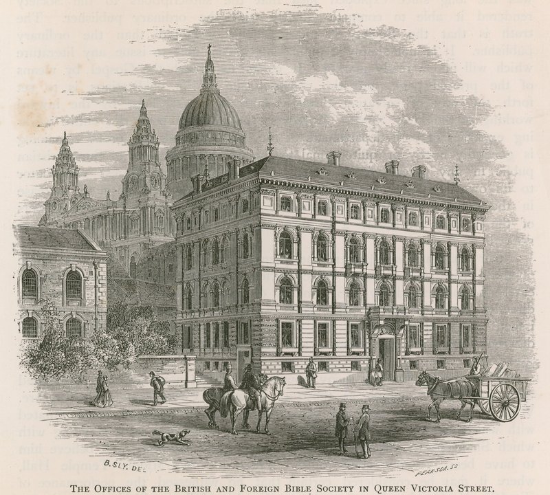 Kanceláře Britské a zahraniční biblické společnosti v Queen Victoria Street v Londýně od English School