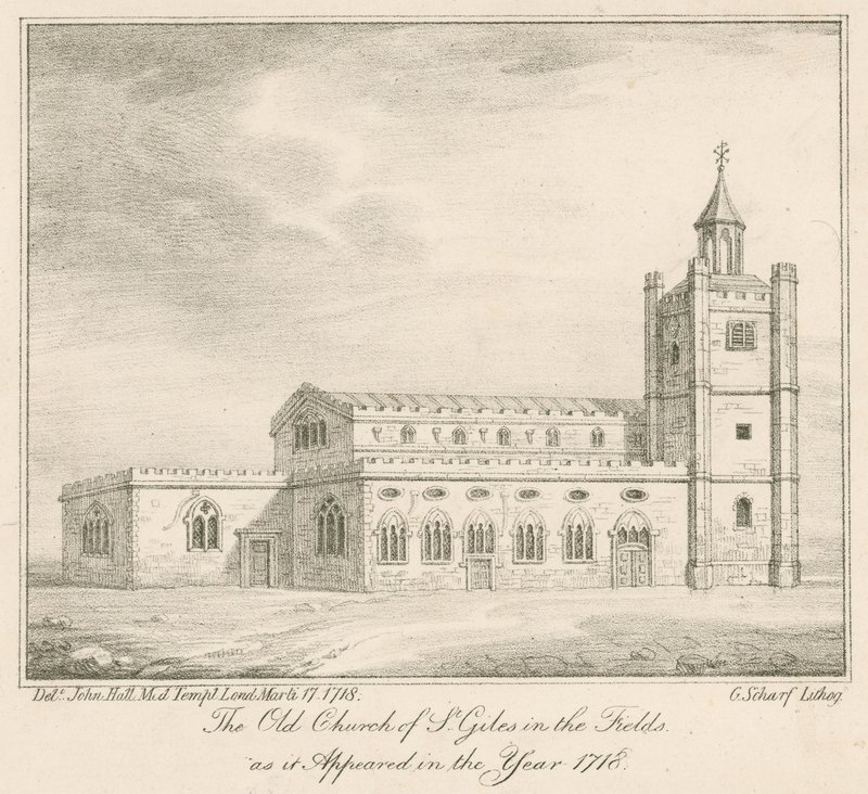 Starý kostel St Giles in the Fields, Londýn, jak se objevil v roce 1718 od English School
