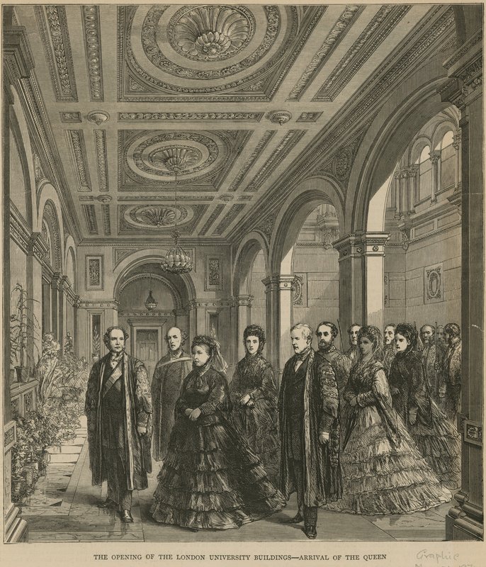 Otevření budov londýnské univerzity - příjezd královny od English School