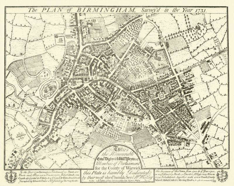 Plán Birminghamu, zkoumaný v roce 1731 od English School