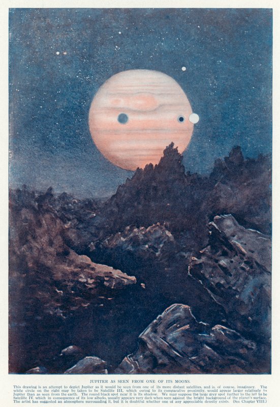 Planeta Jupiter při pohledu z jednoho z jejích měsíců (barva litho) od English School