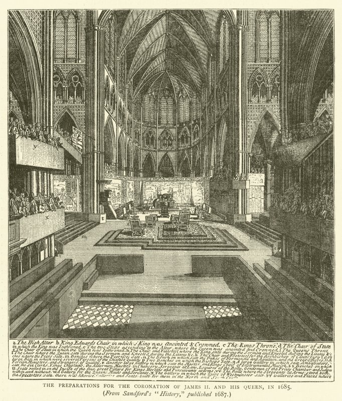 Přípravy na korunovaci Jakuba II. a jeho královny v roce 1685, ze Sandfordovy „Historie“, vydané 1687 (rytina) od English School